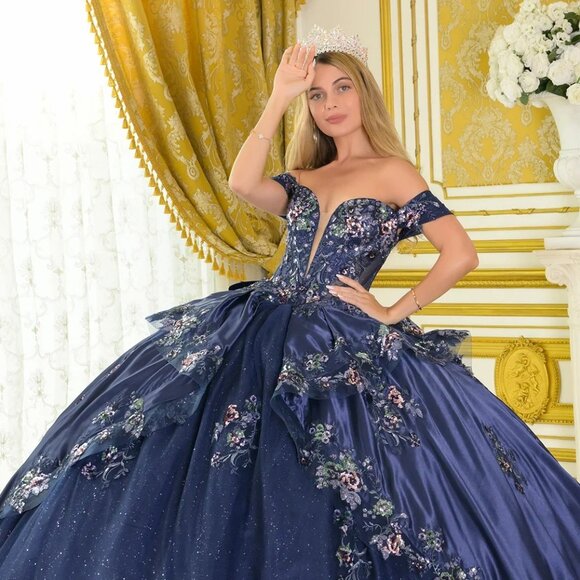 New Navy Satin Ball Gown w/ Floral Lace Embroidery & Oversized Back Bow GL3793 - Picture 7 of 14